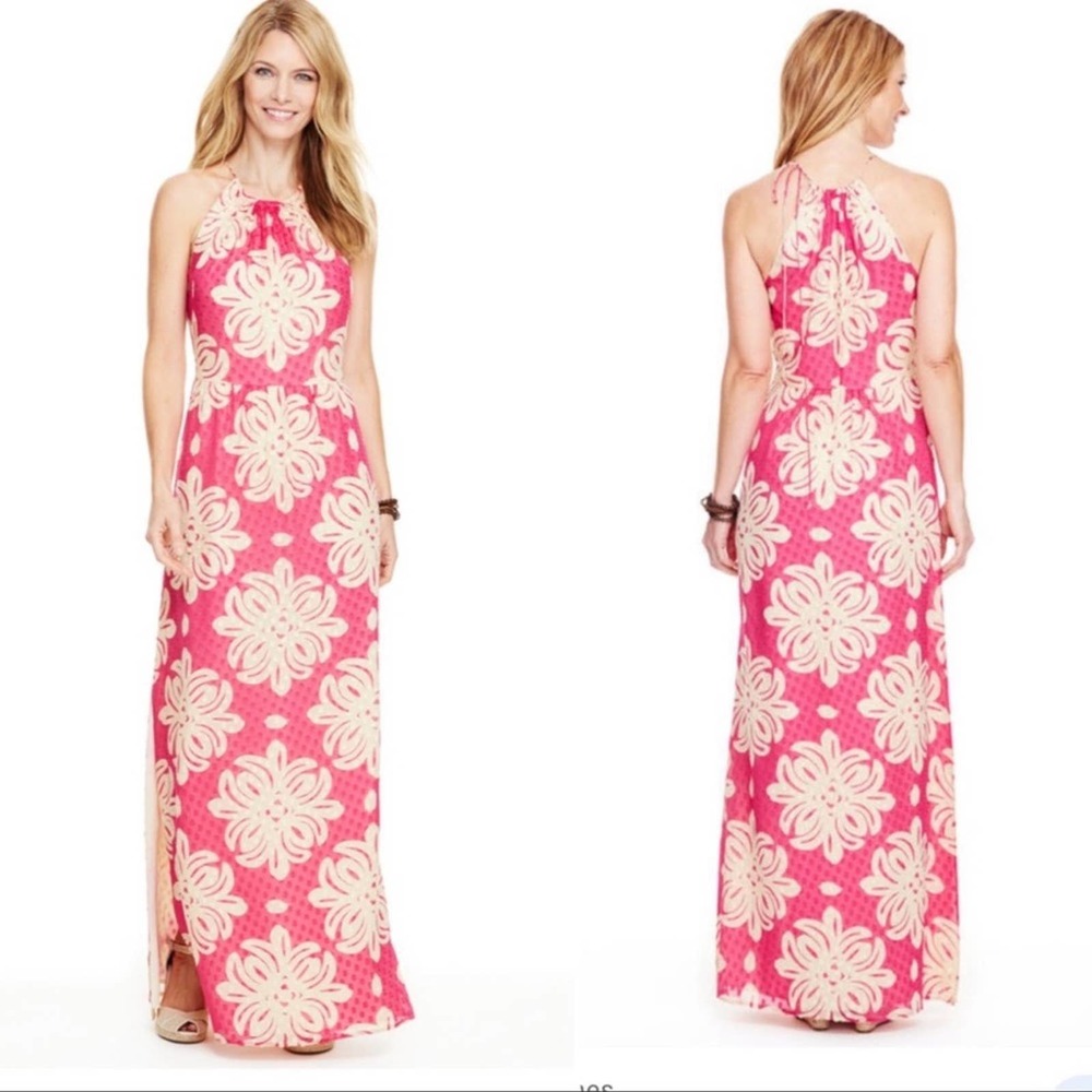 Vineyard Vines Pink and Cream Floral Halter Maxi Dress